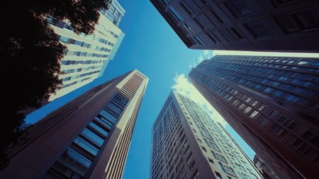 Low-angle shot of Shinjukuaes tallest skyscrapers, with gleaming facades and sharp angles, reaching toward the blue Tokyo sky.の素材
