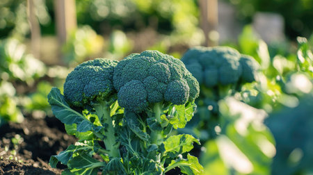 Lush broccoli plants in an organic garden, thriving under the sun. This Brassica oleracea cultivar is closely related to cabbage and cauliflower, known for its nutritious floretsの素材