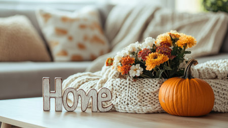 A cozy autumn still-life featuring pumpkins, flowers, and a blanket on a coffee table. The 'home' sign adds a comforting and warm atmosphere to the room.の素材