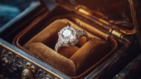 A classic diamond ring in a vintage-style jewelry box, with detailed carvings on the box and a radiant stone shining from inside.の素材