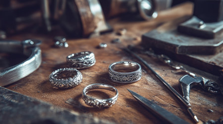 A close-up of silver rings and pendants in progress, lying on a craftsmanaes workbench alongside tools and blueprints for the design.の素材