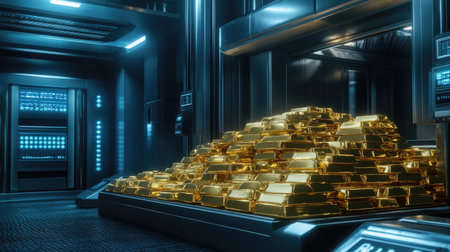 A large, well-organized pile of gold bars stacked in a vault, surrounded by sleek, modern security systems and metallic walls.の素材
