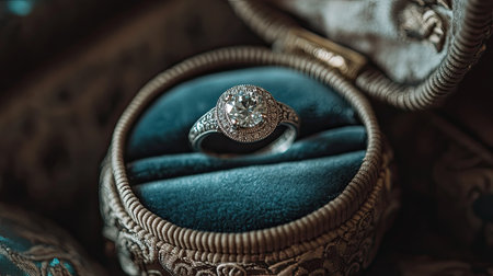 A diamond wedding ring sitting inside a vintage velvet jewelry box, with intricate designs visible on the box and ring.の素材