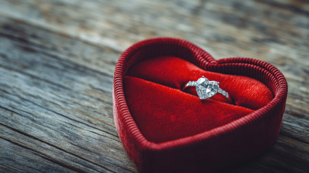 A heart-shaped velvet jewelry box open to reveal a sparkling diamond ring, with the box positioned on a wooden surface.の素材