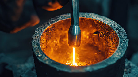 A jewelry craftsman melting silver in a crucible to prepare for casting, with the molten metal glowing under intense heat.の素材