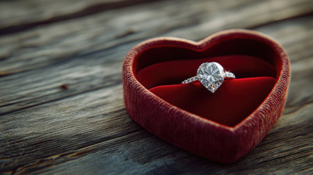A heart-shaped velvet jewelry box open to reveal a sparkling diamond ring, with the box positioned on a wooden surface.の素材