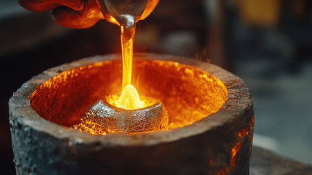 A jewelry craftsman melting silver in a crucible to prepare for casting, with the molten metal glowing under intense heat.の素材