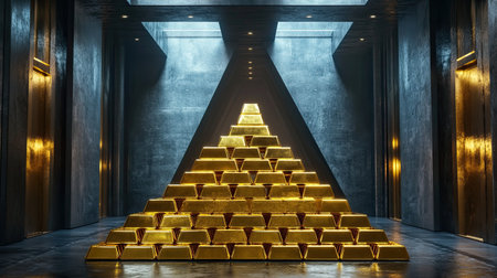 A huge stack of polished gold bars arranged in a perfect triangle, set inside a highly secured bank vault with concrete walls.の素材