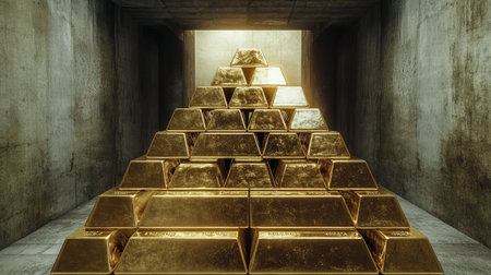 A huge stack of polished gold bars arranged in a perfect triangle, set inside a highly secured bank vault with concrete walls.の素材