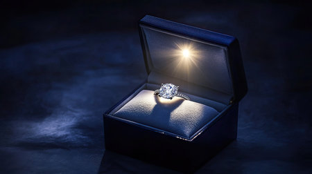 A luxurious open jewelry box with a large, radiant-cut diamond ring shining under a spotlight, creating a glamorous display.の素材