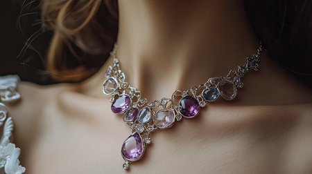 A silver necklace with sparkling amethyst and aquamarine worn by a graceful woman, with close-up detail on the gemstones' intricate cut.の素材