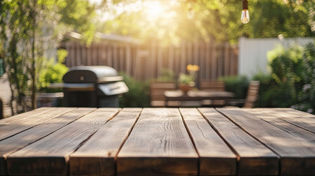 A rustic wooden table with a blurred BBQ grill and patio space in the background. Ideal for emphasizing outdoor dining and summertime cookouts.の素材