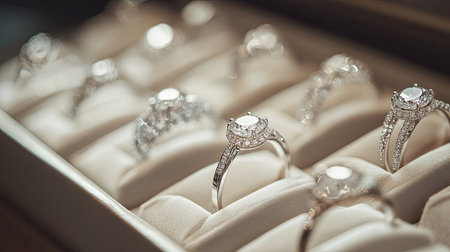 A row of diamond rings in a custom-made box, each reflecting soft light, with their luxurious designs on full display.の素材