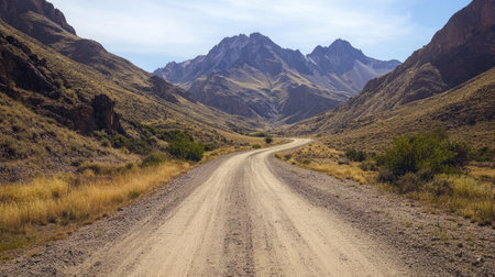 A rural dirt road cutting through a rugged mountain landscape, with dramatic peaks and a clear, open sky.の素材