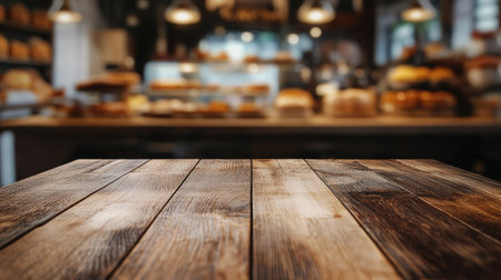 A wooden board table in sharp focus with an abstract blurred view of a bakery shop in the background. Ideal for food-related content or cozy caf settings.の素材