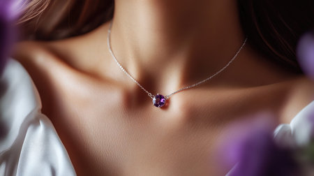 A woman wearing a silver necklace with amethyst and aquamarine gemstones, captured in soft lighting that accentuates the necklaceaes shine.の素材