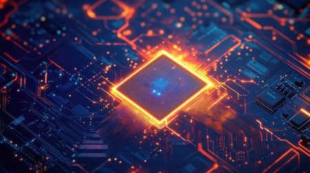 Abstract digital illustration of a brightly glowing AI chip on a circuit board, highlighted by a blue tech background. The future of computing and semiconductor technology.の素材