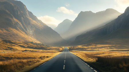 A road cutting through a valley between two towering mountain ranges, with the sun casting long shadows over the landscape.の素材