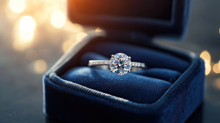 An elegant diamond ring in a luxurious blue velvet jewelry box, with light reflecting off the diamondaes facets and the velvetaes rich texture.の素材