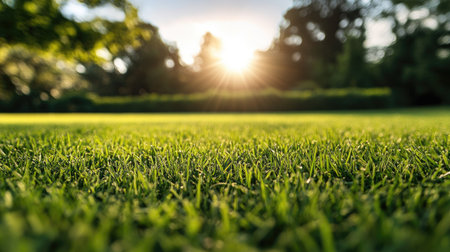 Bright green grass in a wide field, perfect for nature backgrounds or sports turf. The freshly mowed lawn captures the essence of spring outdoors.の素材