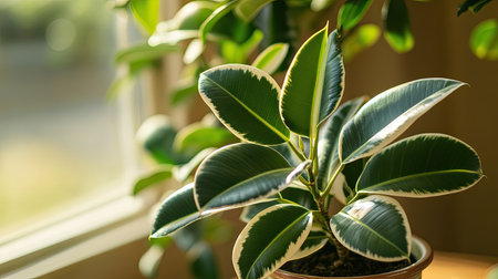 Close-up of a Ficus elastica, or rubber plant, in a decorative pot. Ideal for indoor air purification and home decor with its glossy green leaves.の素材