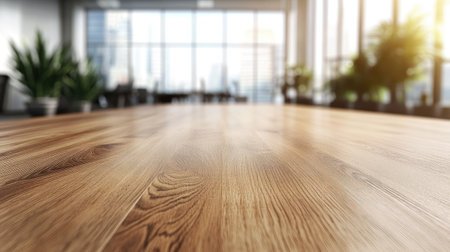 Clean wooden table surface in focus, with a softly blurred modern office space in the background, evoking a professional work environment.の素材