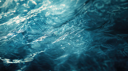 Close-up of transparent blue water with soft ripples and shining patterns, creating a peaceful and serene atmosphere. A perfect background texture.の素材