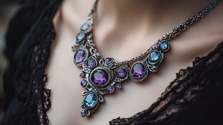 Close-up of a silver necklace with bright amethyst and aquamarine gems draped on a womanaes neck, with intricate detailing of the stones and chain.の素材
