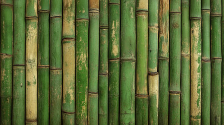 Bamboo fence collage texture in rich green tones, ideal for backdrop designs, banner use, or 3D mapping with a nature-inspired aesthetic.の素材