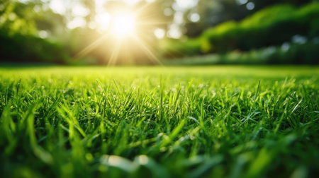 Close-up of fresh, green grass blades on a sunny day. The lawn is perfectly mowed, creating a serene, natural background for park or garden scenes.の素材