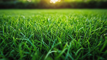 Close-up of fresh, green grass blades on a sunny day. The lawn is perfectly mowed, creating a serene, natural background for park or garden scenes.の素材