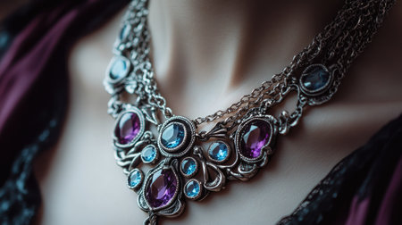 Close-up of a silver necklace with brilliant amethyst and aquamarine gems resting on a womanaes neck, with a focus on the intricate design.の素材