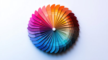 Detailed color wheel showcasing the transition between warm and cool tones, isolated on white, with smooth gradients and clear segmentationの素材
