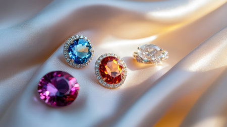Gleaming gemstone earrings, necklaces, and rings displayed on soft fabric with a white background. Bright, colorful gems stand out.の素材