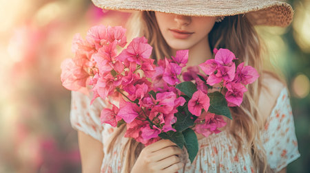 Hipster woman in a bohemian outfit holding vibrant pink bougainvillea flowers, selective focus on the flowers, soft bokeh background with warm, natural sunlightの素材