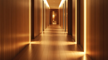 Long hallway with polished wooden floors, modern lighting casting a soft glow on the rich wood grain, leading to a brightly lit roomの素材