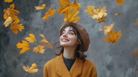 Joyful woman in a French beret, surrounded by falling yellow maple leaves, captured in a lively autumn portrait against a gray backdropの素材