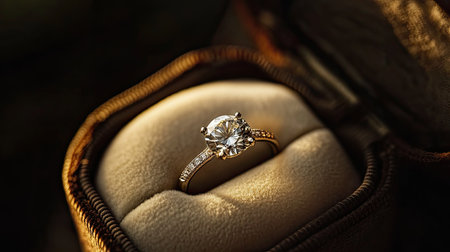 A close-up of a sparkling diamond ring inside an elegant velvet jewelry box, with soft light highlighting the stone's brilliance.の素材