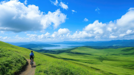 A cyclist on a trail through Kurumayama Plateau with the distant Lake Shirakaba visible beyond the green rolling hills and bright blue sky.の素材