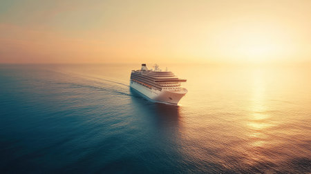 Large white cruise liner sailing smoothly across the ocean at dawn, with golden light shimmering on the seaの素材
