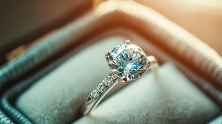 A close-up of a sparkling diamond ring inside an elegant velvet jewelry box, with soft light highlighting the stone's brilliance.の素材
