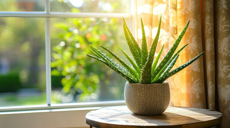A potted aloe vera plant on a small table near a bright window, its thick leaves standing out as a symbol of natural healing and home decor.の素材