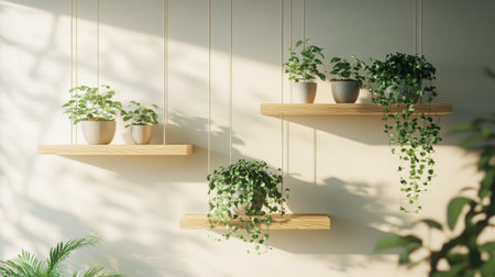 3D-rendered mockup of hanging plants in a minimalist studio background. Elegant floating shelves with natural light, ideal for product presentationsの素材