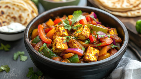 Kadai Paneer with colorful bell peppers, onions, and freshly ground spices, served with hot lachcha parantha and a side of raita.の素材