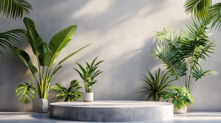 3D illustration of tropical plants on a concrete background for product mockup. Stylish modern setup with minimal decor and soft lightingの素材
