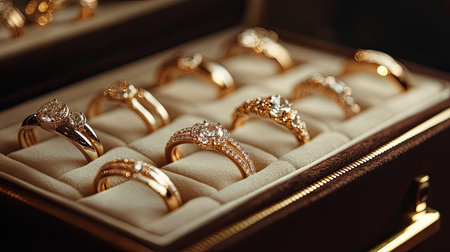 A luxurious jewelry box showcasing multiple diamond rings, each glimmering under soft ambient lighting.の素材