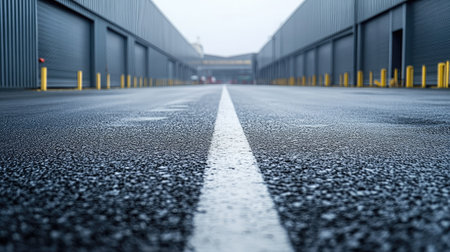 Long asphalt road stretching into the distance with a background of industrial warehouses and processing plantsの素材
