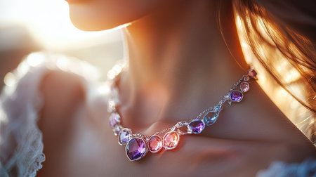 A fashionable woman wearing a silver necklace adorned with amethyst and aquamarine gemstones, the gems glowing softly under warm lighting.の素材