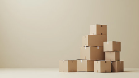 Large and small cardboard boxes stacked on top of each other on a neutral background, representing packaging supplies, warehousing, and delivery servicesの素材