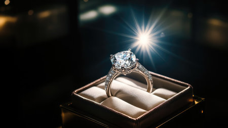 A luxurious open jewelry box with a large, radiant-cut diamond ring shining under a spotlight, creating a glamorous display.の素材